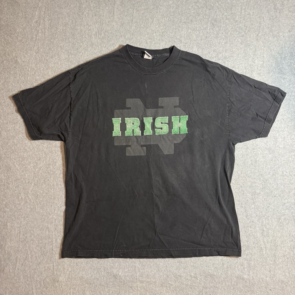 Vintage Mens Notre Dame Irish T Shirt Black 2XL Faded Distressed Football Champs